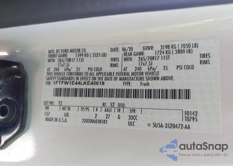 2020 Ford F150 Supercrew z USA, uszkodzony, nr VIN 1FTFW1E44LKE45618